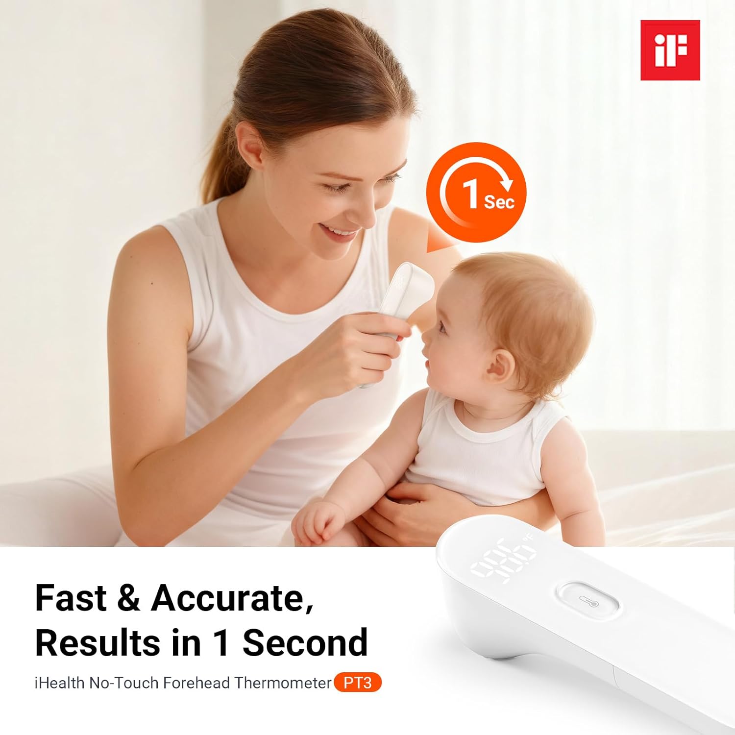 No-Touch Forehead Thermometer for Adults, Kids, Babies - 1s Fast Accurate, 3 Ultra-Sensitive Sensors, Quiet Vibration