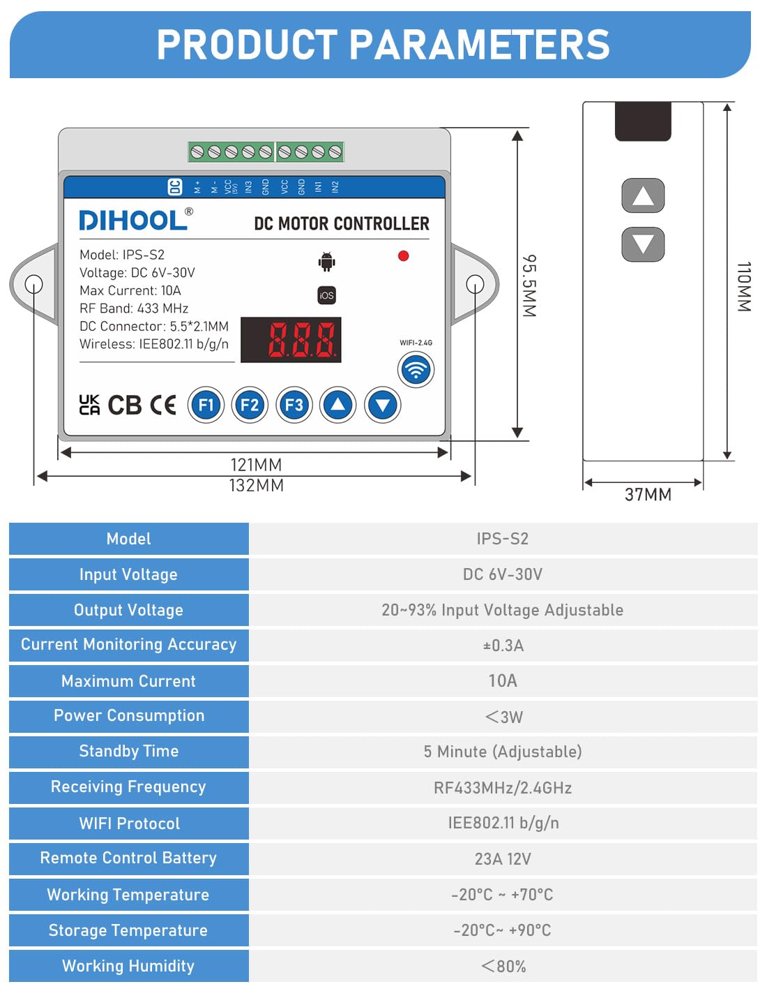 DIHOOL Electric Linear Actuator Controller with Current Limit, WiFi and Timer, Smart eWeLink Control, Remote Wireless 12V 24V DC Motor Controller, Rebound When Obstacles Protection, Load Safety