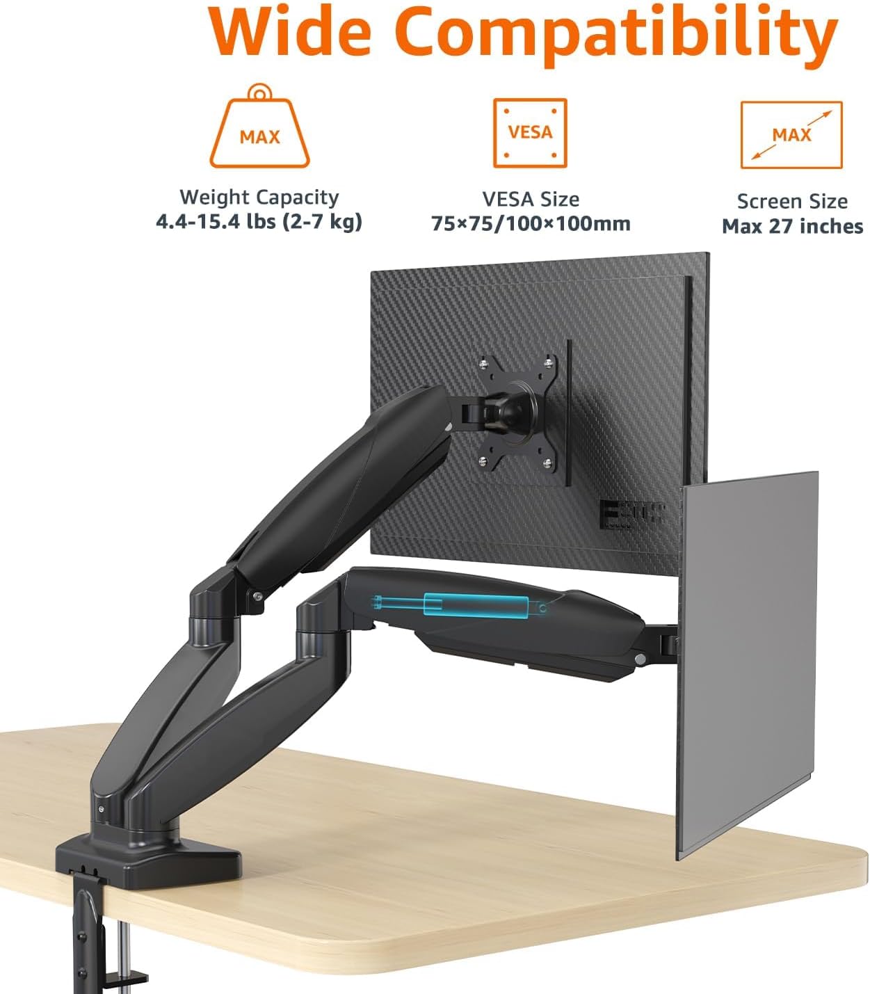 Gas Spring Dual Monitor Arm Desk Mount, Adjustable Tension, Fits 15–27 Inch Monitors, Supports 4.4–15.4 lbs Each Arm