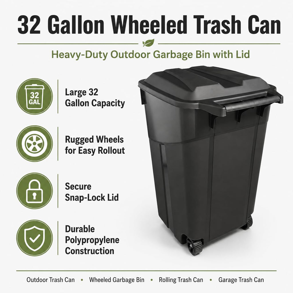 32 Gallon Outdoor Trash Can with Attached Lid Wheeled Heavy-Duty | Garbage Bin, Impact-Resistant Polypropylene