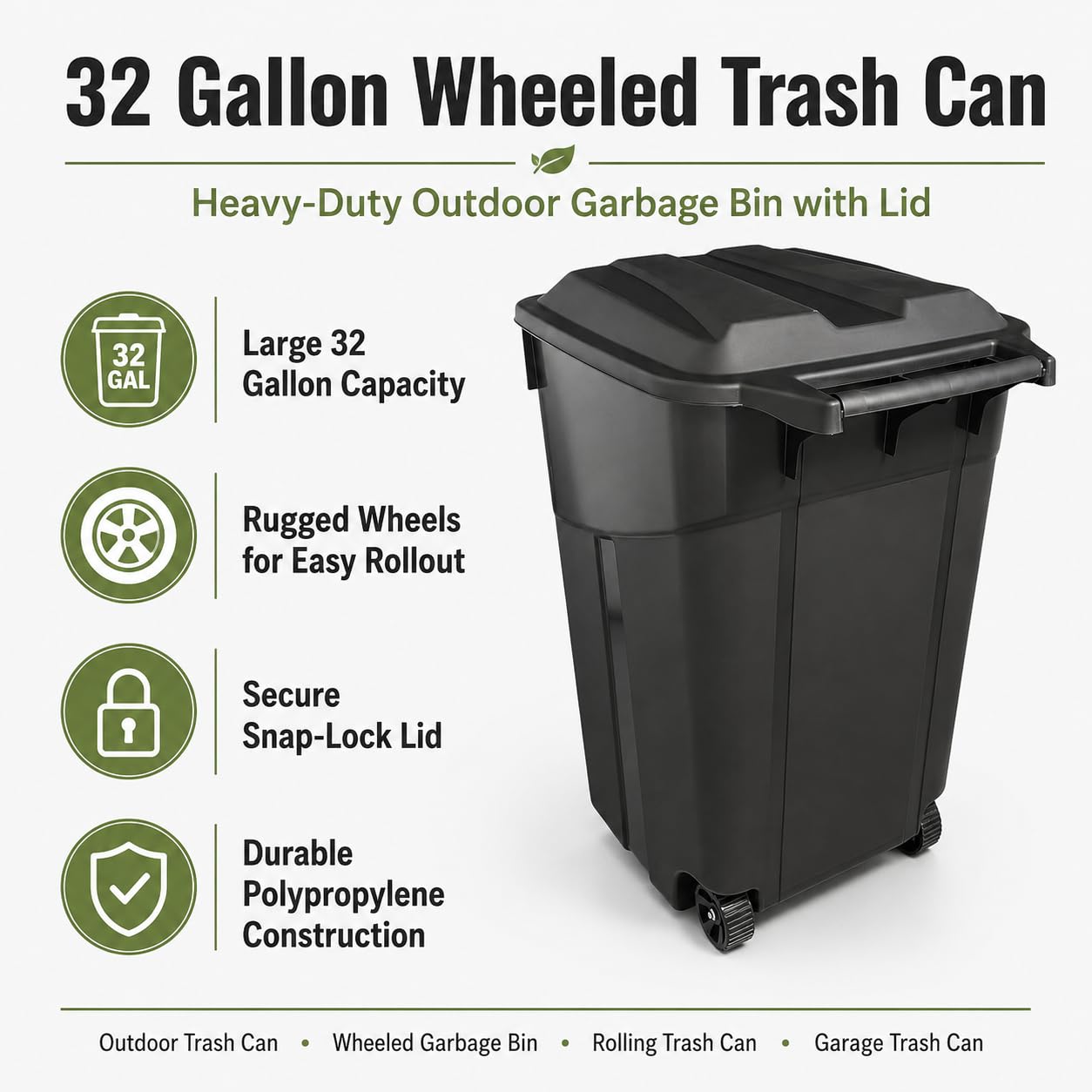 32 Gallon Outdoor Trash Can with Attached Lid Wheeled Heavy-Duty | Garbage Bin, Impact-Resistant Polypropylene