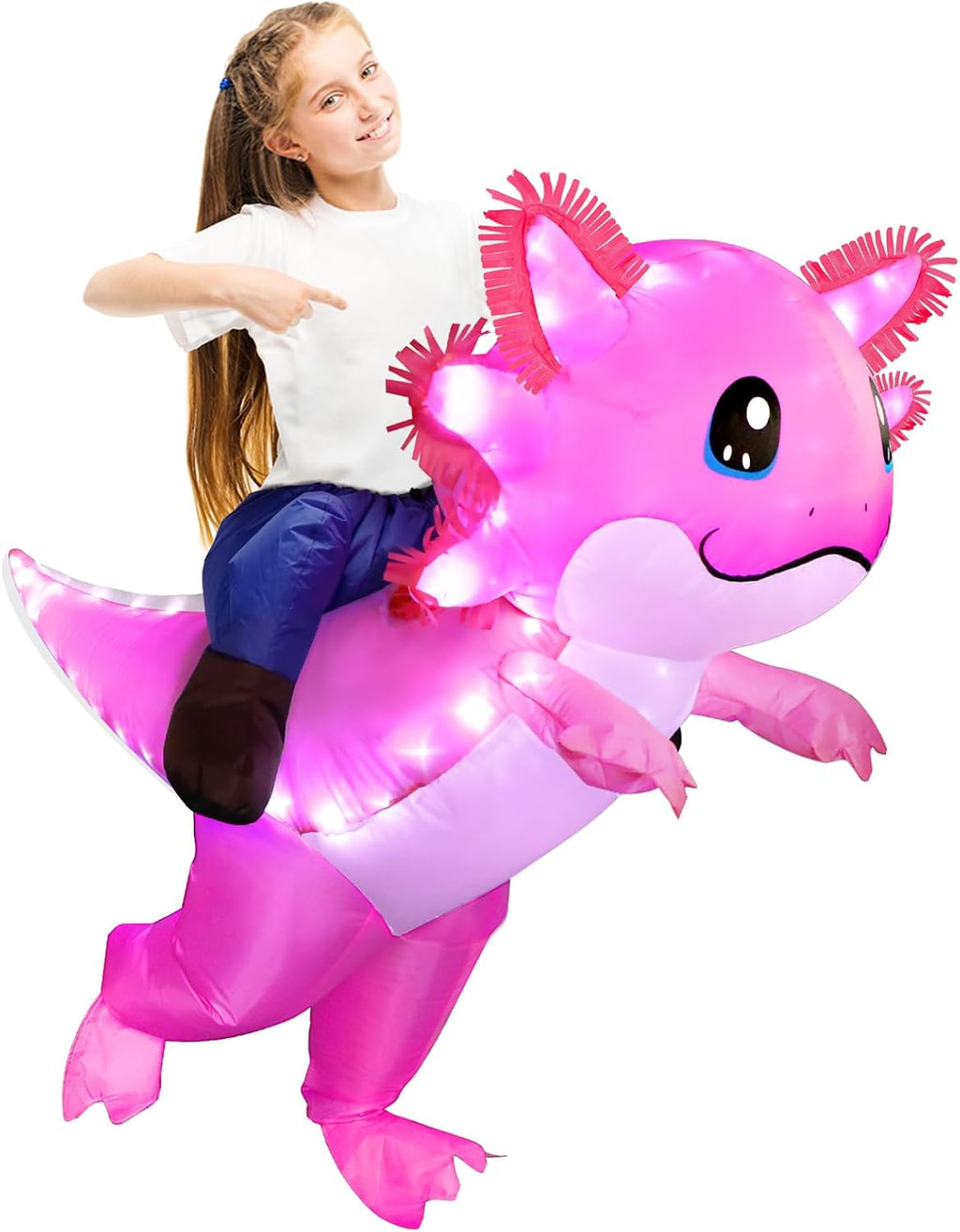 Inflatable Axolotl Costume for Kids with LED Lights, Ride-On Blow Up Halloween Cosplay Outfit for Girls and Boys
