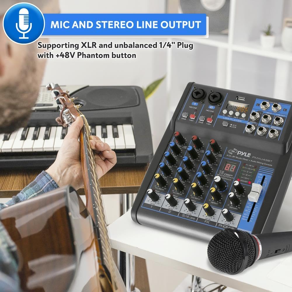 4 Channel Audio Mixer with Bluetooth - DJ Sound Board Controller - USB Computer Input - Built-in MP3 Player - 48V