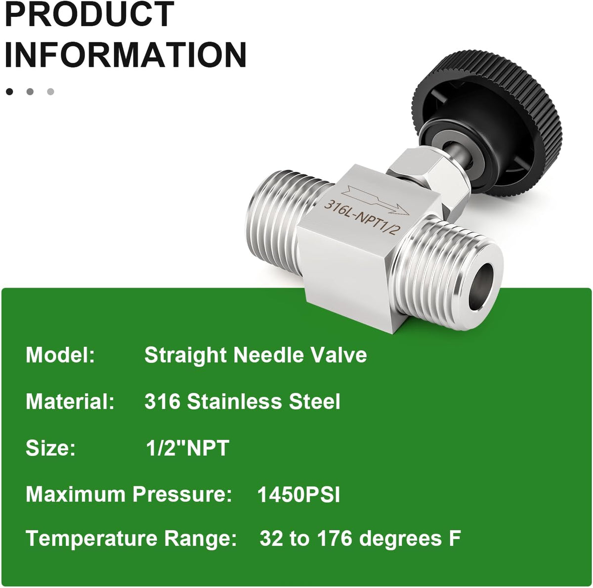 TAISHER 1PCS 316 Stainless Steel Needle Valve With Wheel Handle 1/2" MNPT