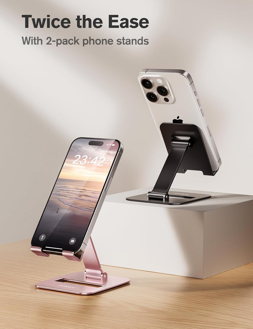 2 Pack Dual Folding Cell Phone Stand, Fully Adjustable Phone Holder for Desk, Compatible with iPhone 17 16 15 14 13