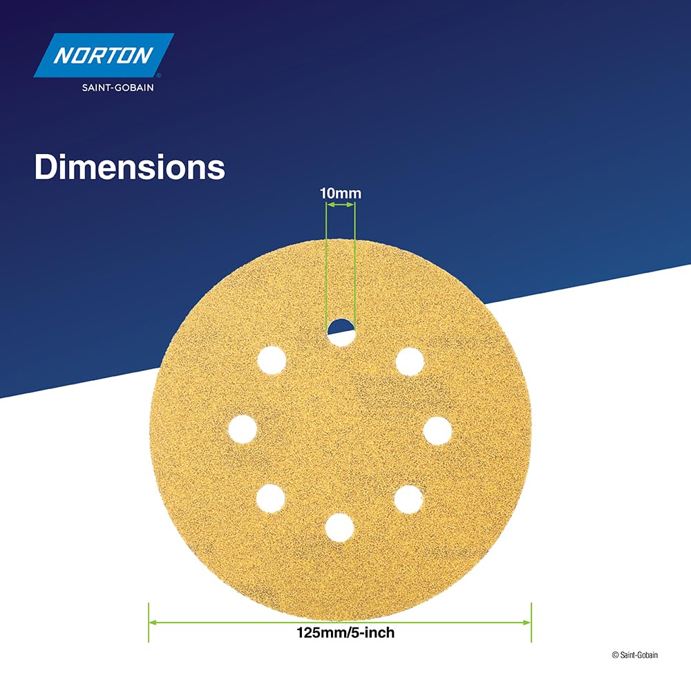 Norton 5 Inch 8-Hole Hook & Loop Sanding Discs, 50-Pack Assorted Grits (60, 80, 120, 220, 320), for Multi-Surfaces. Wood, Metal, Composites, Painted Panels