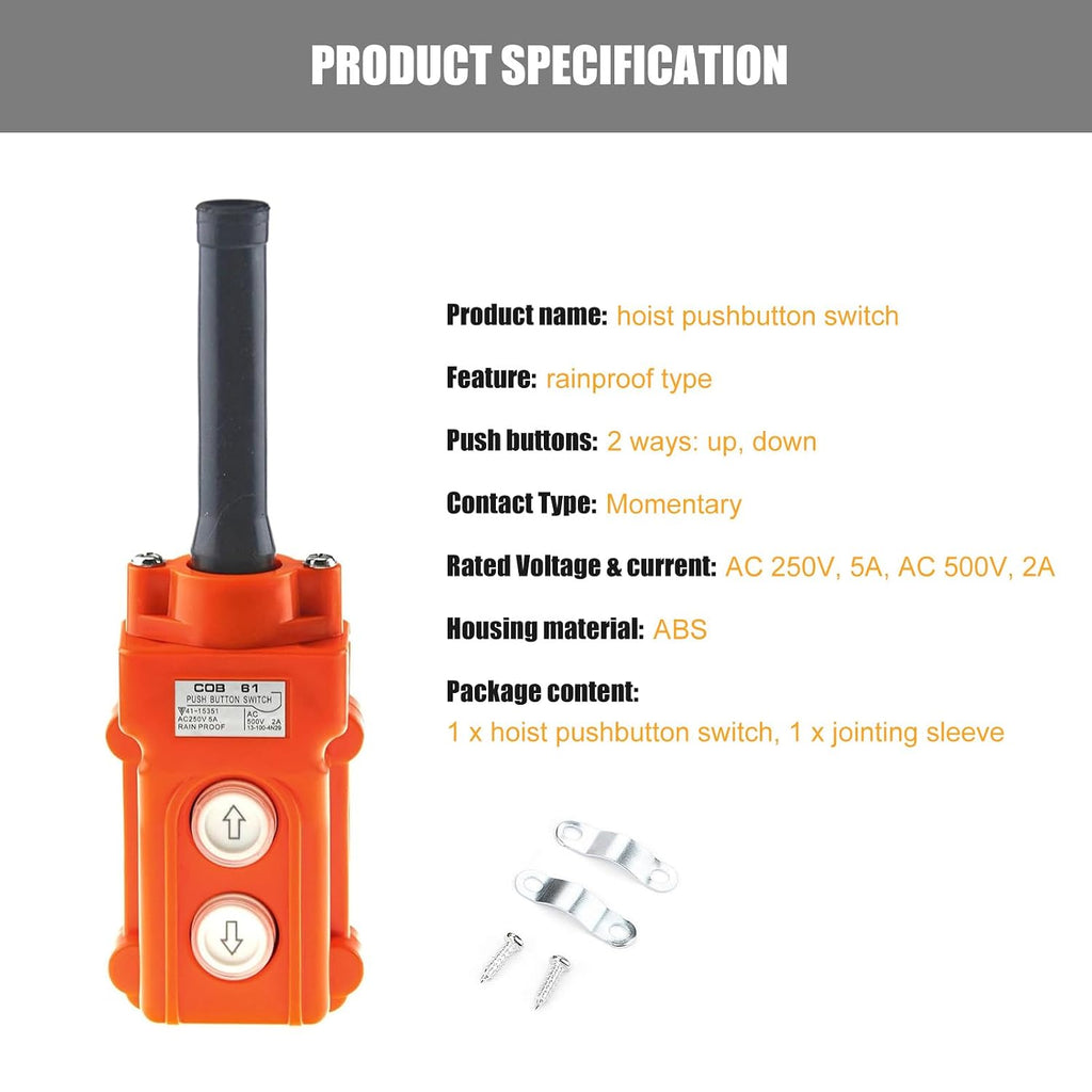 2 Ways Hoist Crane Push Button Switch Rainproof COB-61, 250V, 5 Amp, 500V, 2 Amp, Orange Up Down Switch with Rubber Cable Barrel