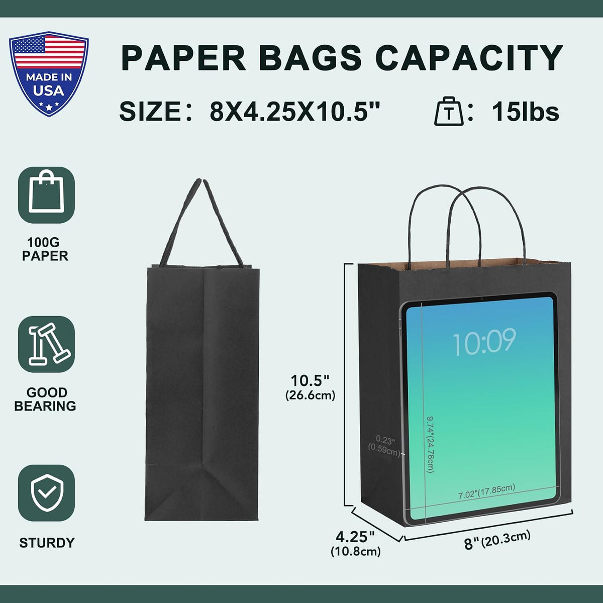 Black Paper Gift Bags 8x4.25x10.5 Inches 100 Pack