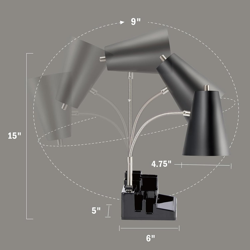 Small Desk Lamps for Home Office, Table Lamp with USB Port and Outlet, Desktop Lamp with Pen Holder, Flexible Neck