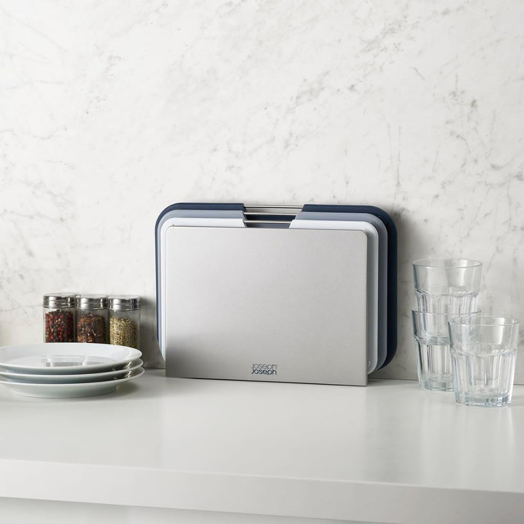 Nest 3 Piece Color Coded Cutting Board Set With Storage Stand, Regular - Grey/Blue