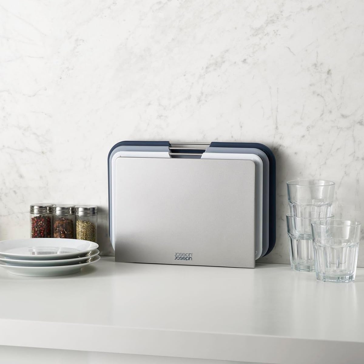 Nest 3 Piece Color Coded Cutting Board Set With Storage Stand, Regular - Grey/Blue