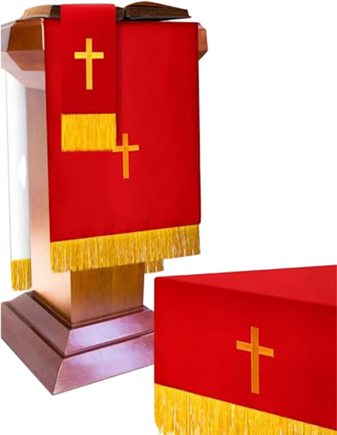 Set of 3 Reversible Church Parament Includes Red Table Runner, Bookmark and Pulpit Scarf with Gold Cross, Communion