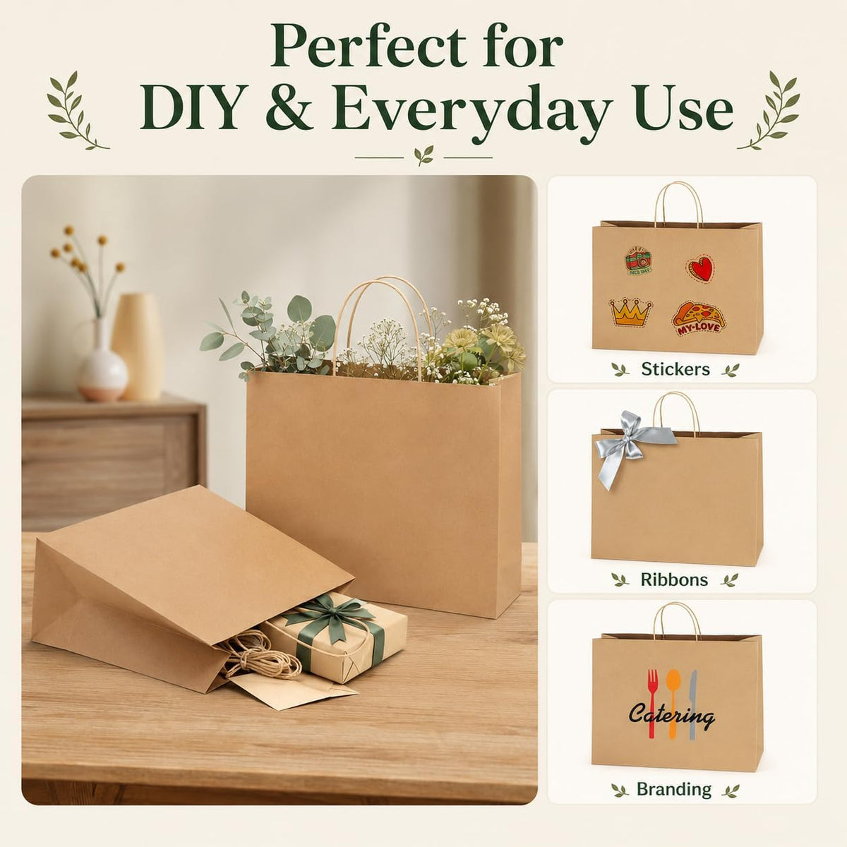 Large Brown Gift Paper Bags with Handles 16x6x12 Inch 200 Pack Bulk