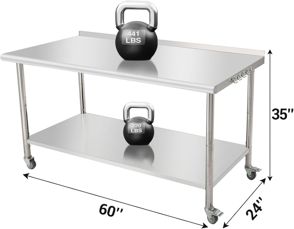 NSF Stainless Steel Prep Table 60x24x35in Arc Edge With Caster Wheels