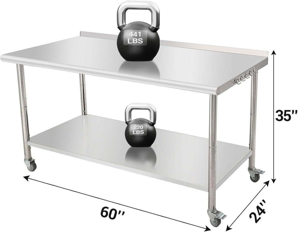 NSF Stainless Steel Prep Table 60x24x35in Arc Edge With Caster Wheels