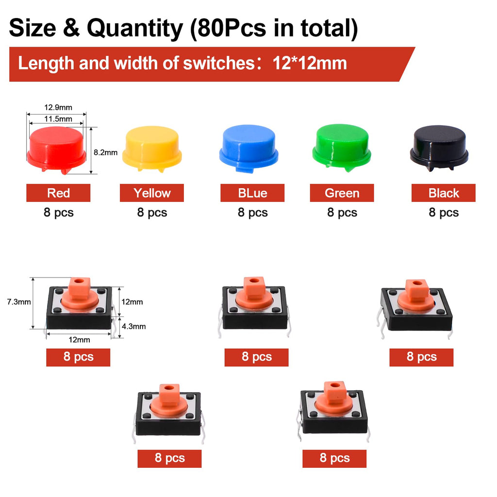 QTEATAK 80Pcs 12x12x7.3 mm Tactile Push Button Switch Set