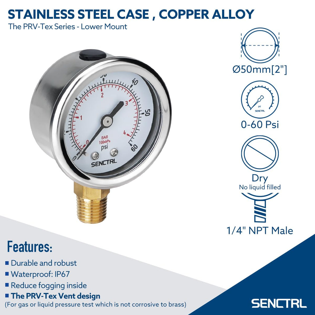 SENCTRL 0-60 Psi Low Pressure Gauge, 1/4 NPT Lower Mount