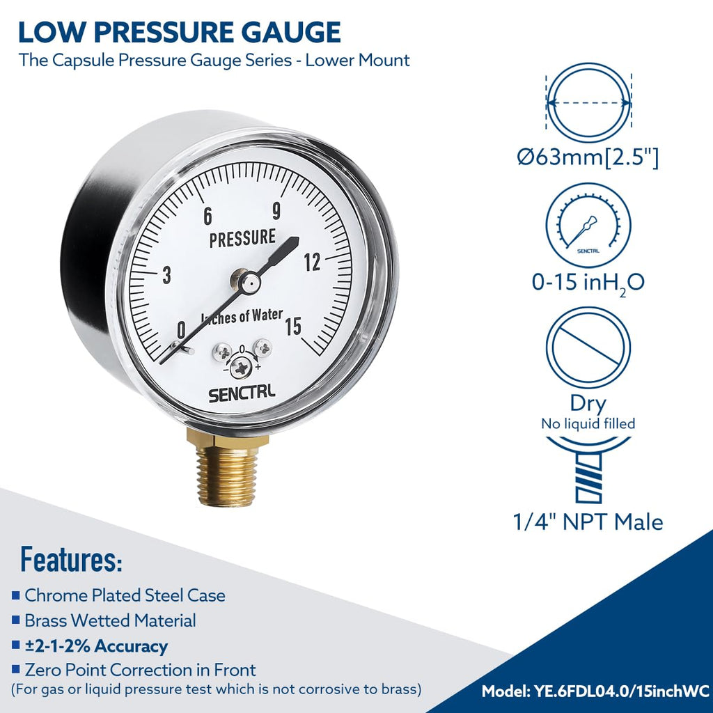 SENCTRL 0-15 Inches of Water Column Gauge, 1/4" NPT Lower Mount
