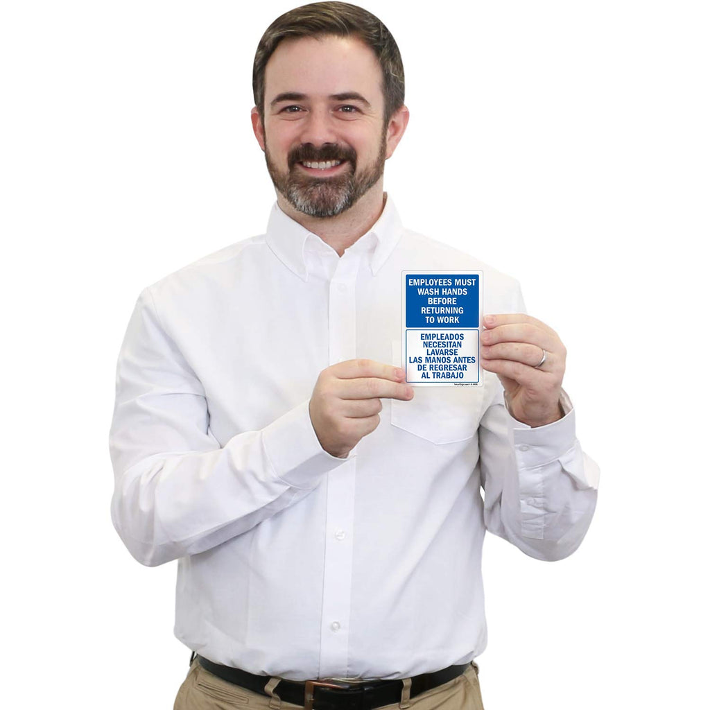 “Employees Must Wash Hands Before Returning to Work" Bilingual Hand Washing Label | 3.5" x 5" Laminated Vinyl