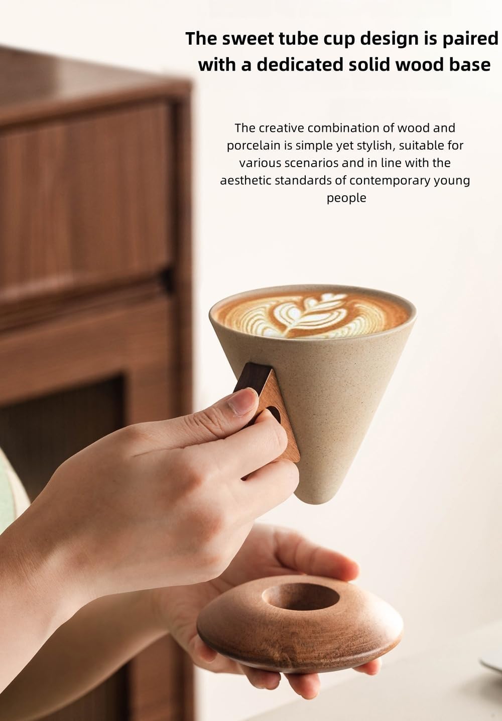 250ML- Retro ceramic coffee mug, Creative Cone coffee cup set for women elegant small- Solid wood handle and coaster