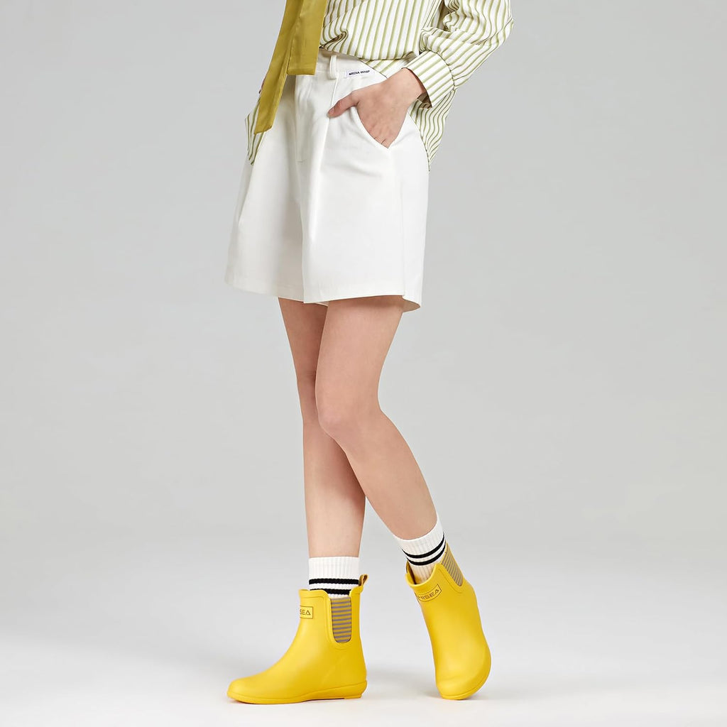 Rubber Rain Boots for Women, Slim Fit Waterproof Chelsea Rain Boots Short Ankle Garden Shoes, Wedge Heel