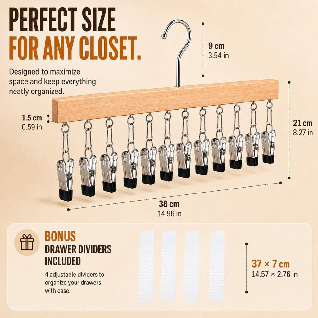 Closet Organizer Set - 2 Space Saving Hangers with Clips + 4 Drawer Dividers, Non-Slip Pants, Skirts & Caps Hanger