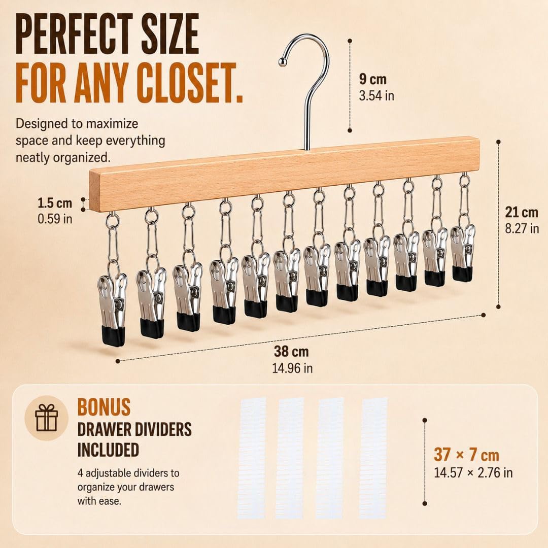 Closet Organizer Set - 2 Space Saving Hangers with Clips + 4 Drawer Dividers, Non-Slip Pants, Skirts & Caps Hanger
