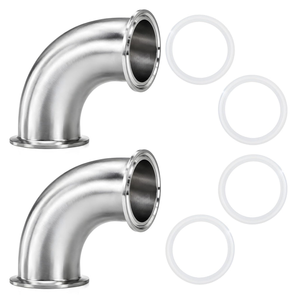 2 Pack 90 Degree Sanitary Elbow Stainless Steel Tri Clamp Sanitary Pipe Fitting With Silicone Gaskets (1-1/2inch)