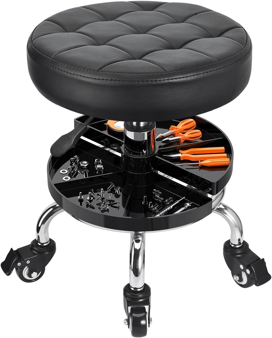 Garage Mechanic Stool Chair Rolling Shop Chair, Height Adjustable Garage Shop Seat, Low Stools with Storage Tray