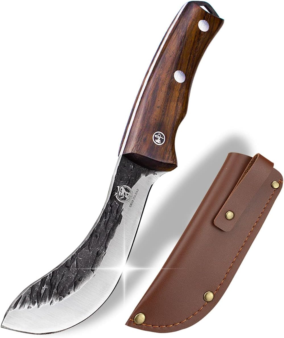 Forged Wide Skinning Knife - Handmade Viking Boning Bushcraft Blade for Hunting and Kitchen - Full Tang with Wooden