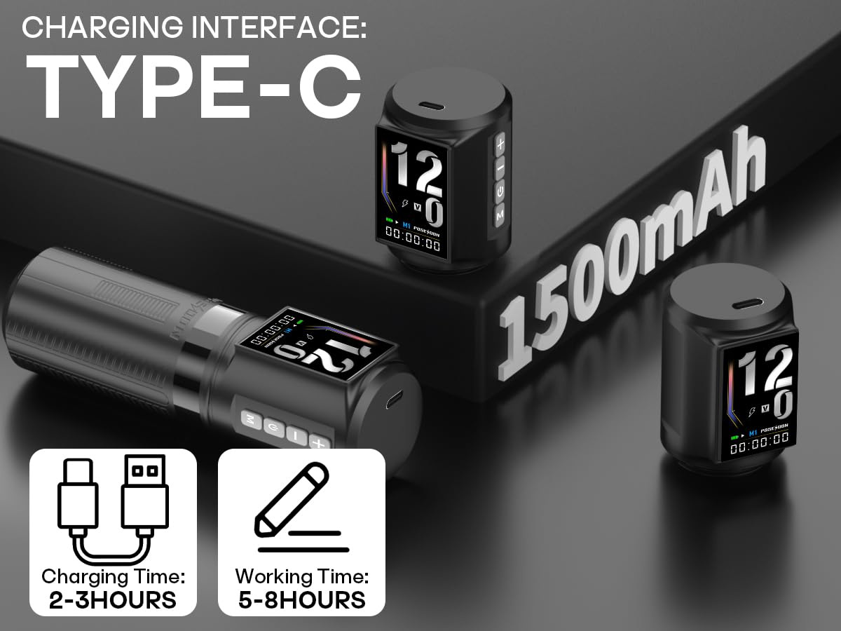 Tattoo Pen Kit Cordless Tattoo Machine Kit Gun Kit with 2PCS 1500mAh Battery 20PCS Tattoo Cartridge Needles 11PCS