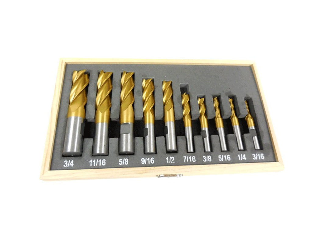 10 PC Titanium Nitride Coated End Mill Set - 4 Flute Tin End Mill for Milling Machines