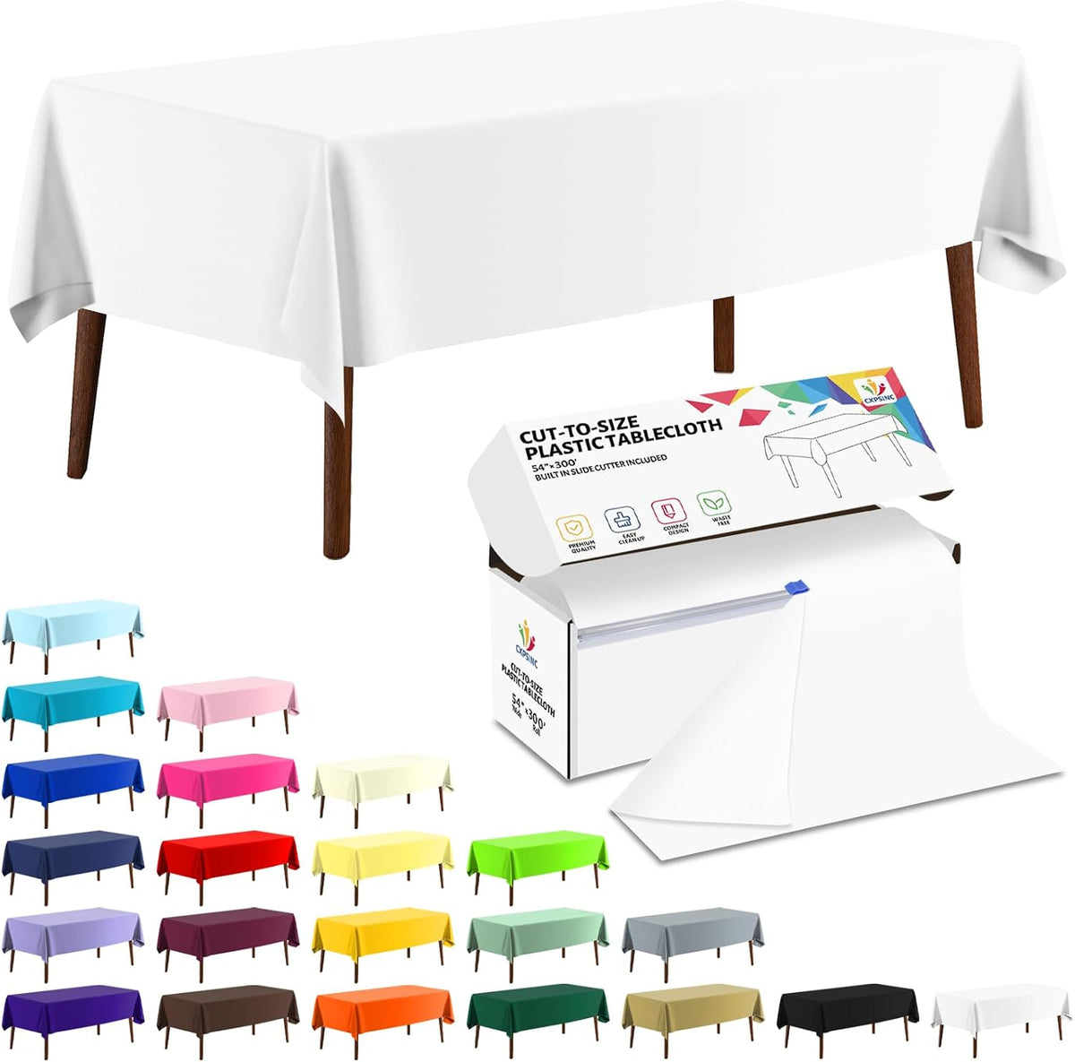 White Plastic Table Cloth Disposable Tablecloth Roll 54 Inch X 300 Feet Plastic Table Cover Roll with Slide Cutter