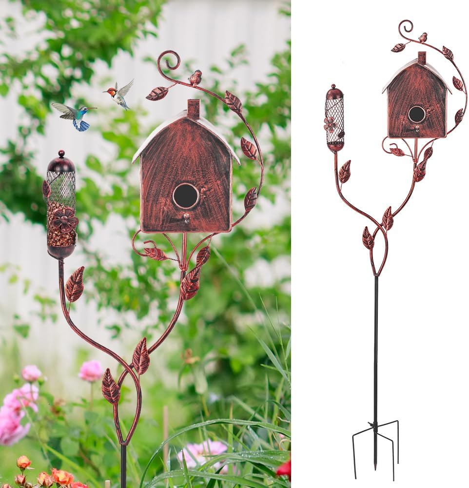 49" Bird Houses for Outside with Pole, Outdoor Metal Birdhouse with Mesh Feeder for Patio, Yard, Garden(Antique Bronze)