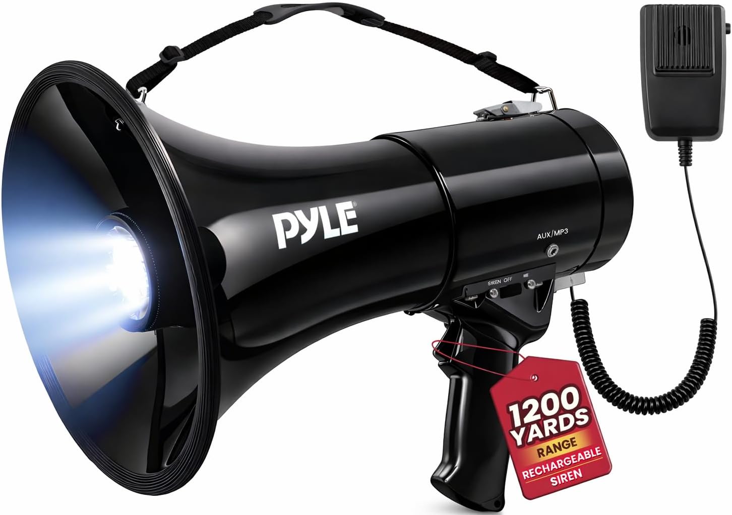 Portable Compact PA Megaphone Speaker with Alarm Siren & Adjustable Volume - 50W Handheld Lightweight Bullhorn - with