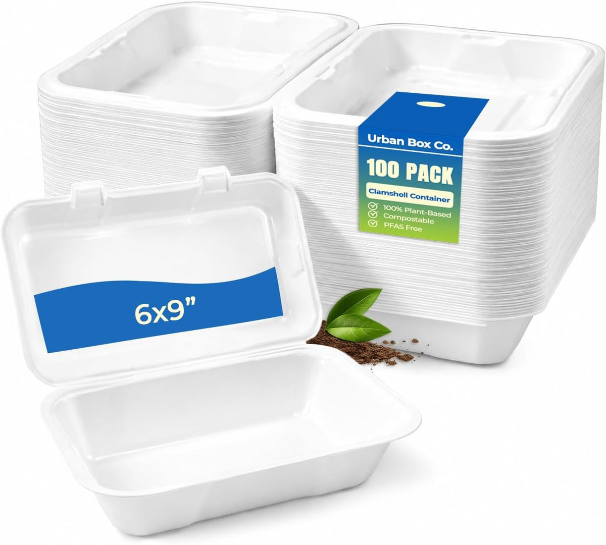 . 9x6 '' Compostable Clamshell Containers, 100 Pack, Eco-Friendly Disposable Takeout Food Boxes, Biodegradable To-Go
