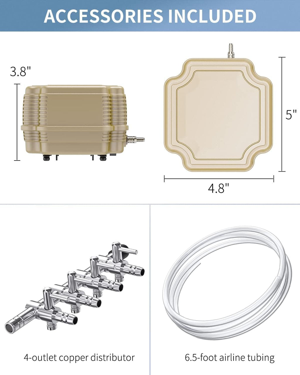254 GPH Aquarium Air Pump Adjustable Quiet Oxygen Aerator Pump with Multi-Port Air Flow Control Lever Valve Splitter