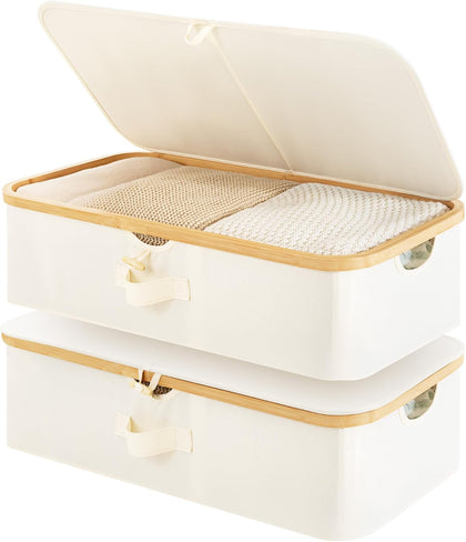 Underbed Storage Containers with Lids, 2-Pack 7" Low Profile Under Bed Storage Box with Bamboo Frame for Clothes