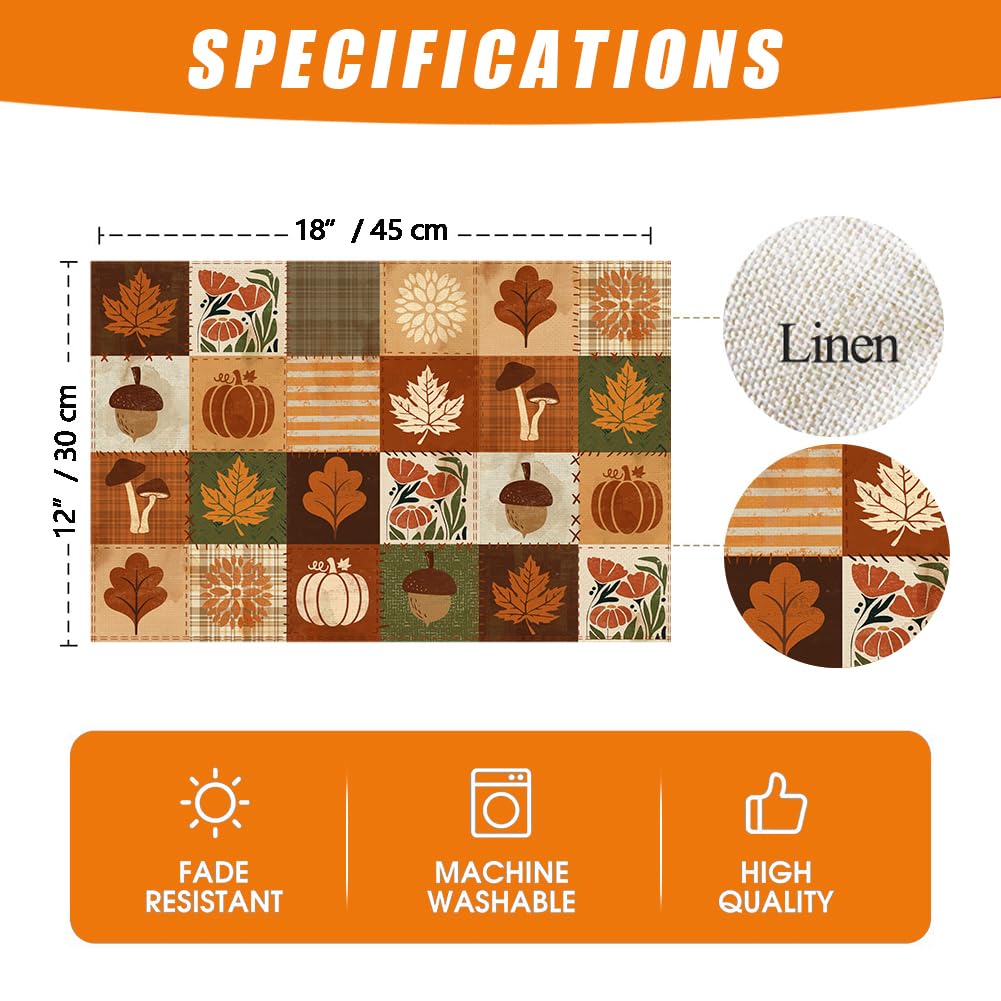 Plaid Pumpkin Maple Leaves Fall Placemats Set of 4