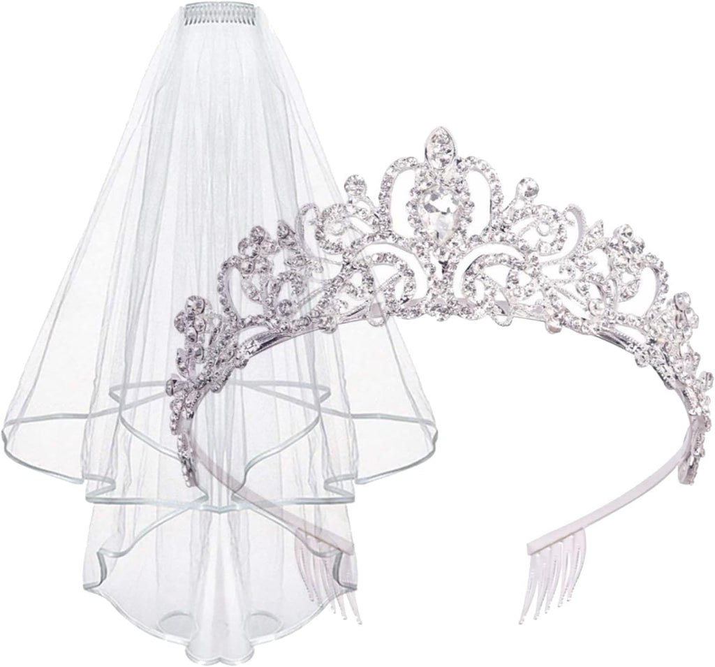 Tiara and Lace Bridal Veil, Crown Wedding Veils and Headpieces for Women, White Veils for Brides Tiaras for Women