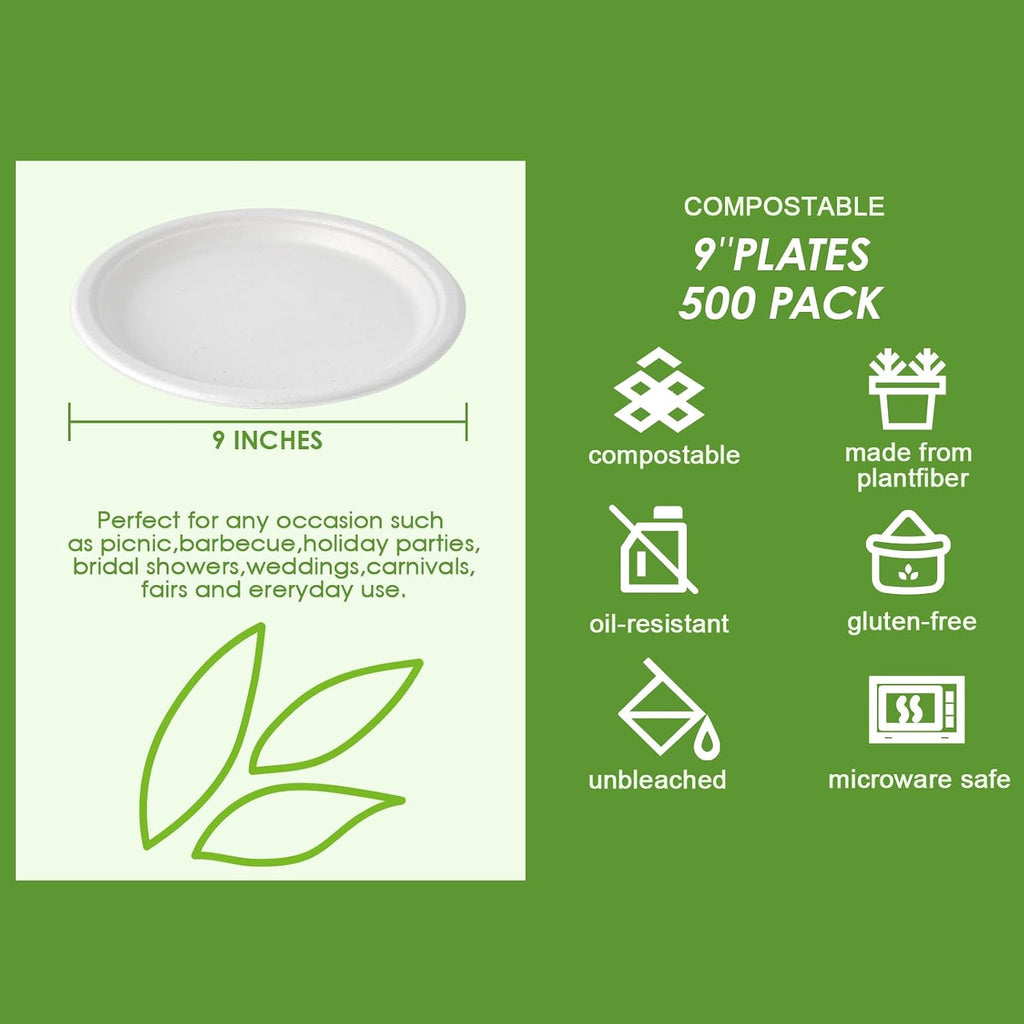 500 Pack Compostable Bagasse Paper Plates 9 inch, White