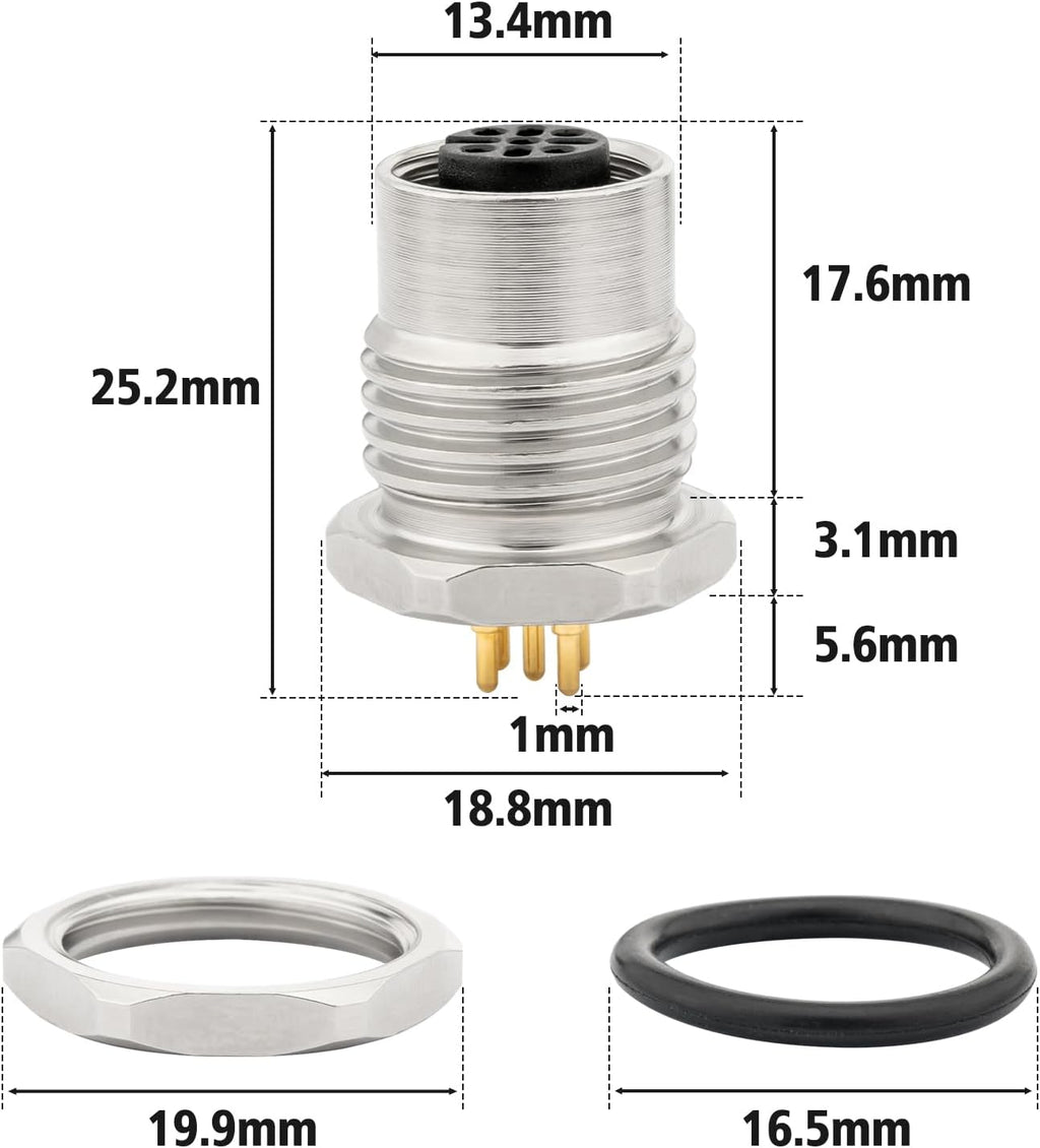 M12 5 Pin Aviation Connector Plugs 2PCS, Lonlonty M12 Male Socket Solder Cup IP67 Waterproof 16mm M12 Socket Panel Cutout Connector-Round seat