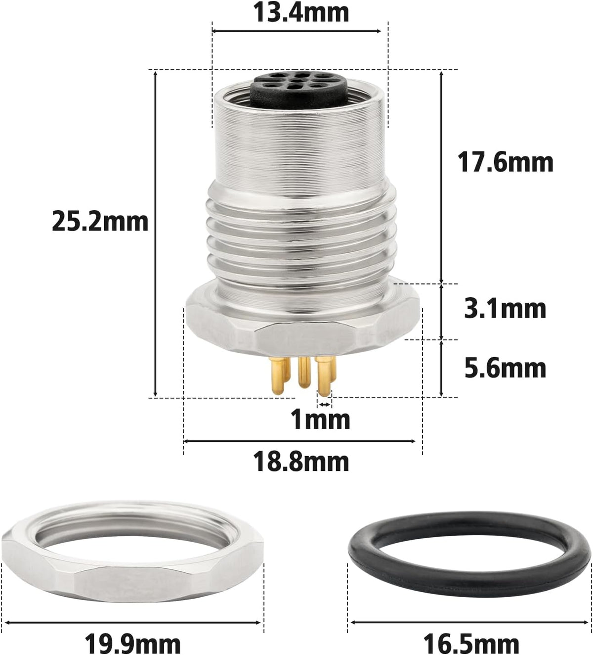 M12 5 Pin Aviation Connector Plugs 2PCS, Lonlonty M12 Male Socket Solder Cup IP67 Waterproof 16mm M12 Socket Panel Cutout Connector-Round seat