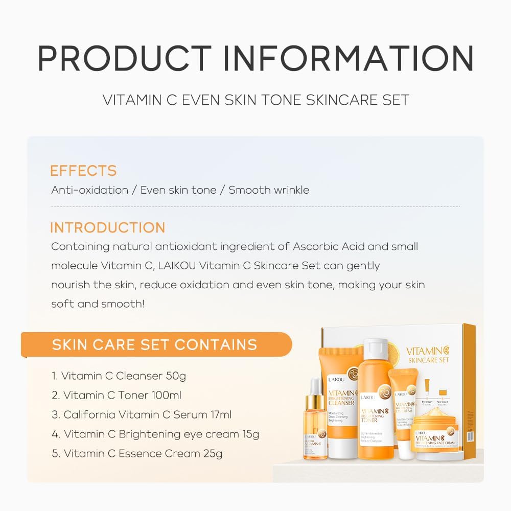 Vitamin C Skincare Set, Moisturizing Face Skin Care Kit with Facial Cleanser, Face Serum, Face Cream, Eye Cream