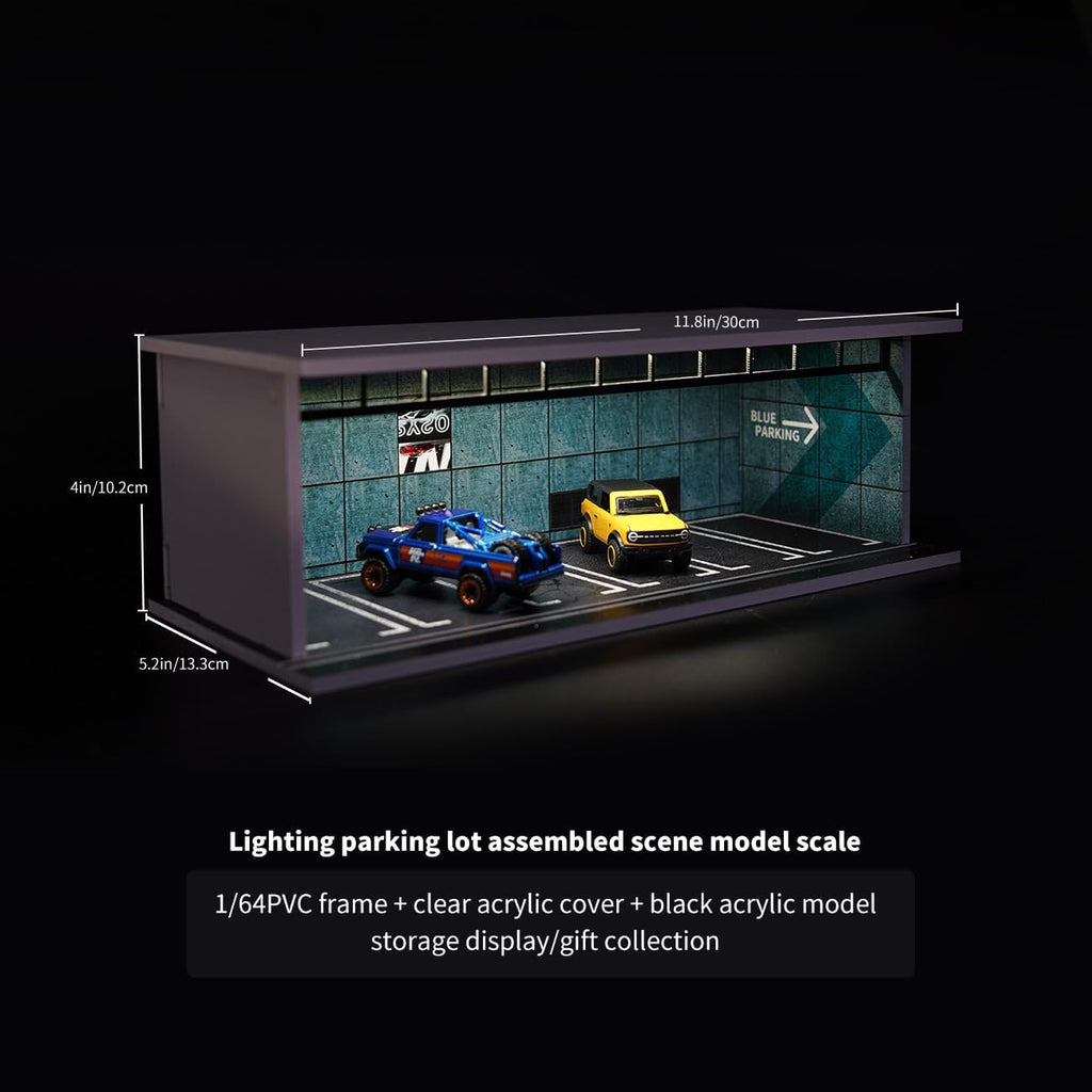 1/64 Diorama Display Case with LED Lights, Model Car Display and Storage, Compatible with Hot-Wheels Match-Box Mini