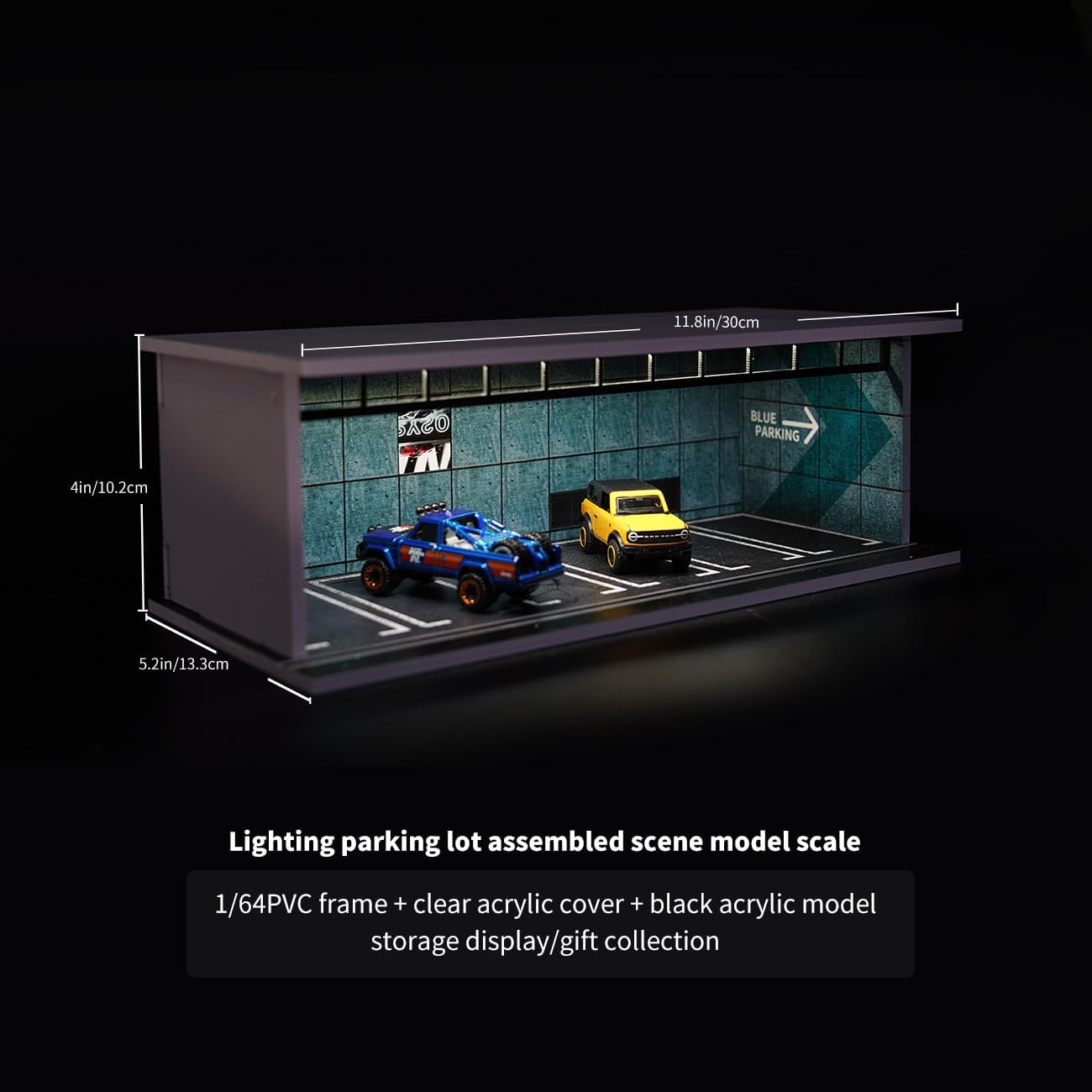 1/64 Diorama Display Case with LED Lights, Model Car Display and Storage, Compatible with Hot-Wheels Match-Box Mini