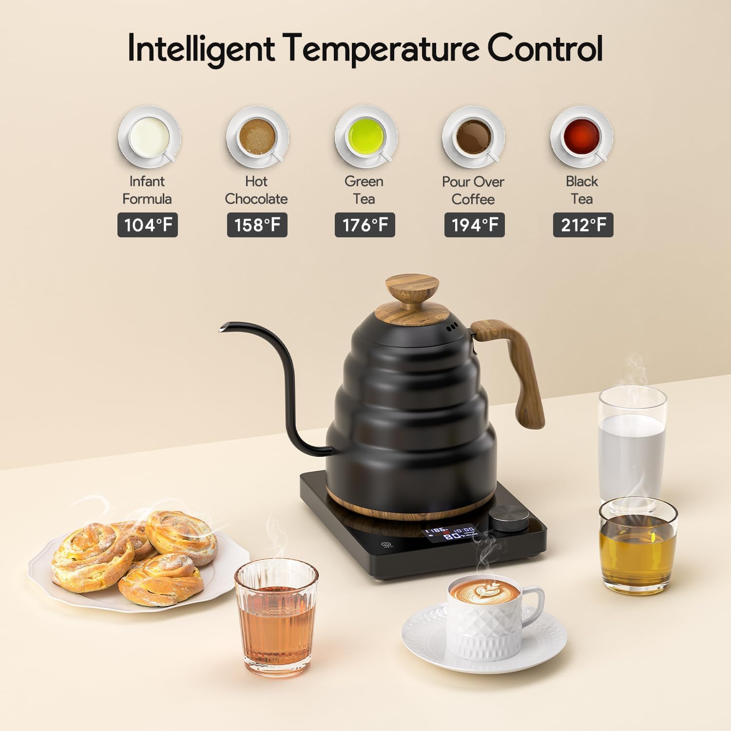 Electric Gooseneck Kettle, 30oz/0.9L Intelligent Temperature Control, Quick Heating, 304 Stainless Steel for Pour