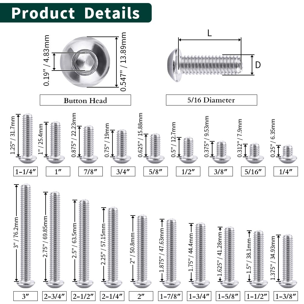 5/16-18 x 1" Button Head Socket Cap Bolts Screws, 304 Stainless Steel 18-8, Full Thread, Coarse Thread, Allen Hex Drive, 20 PCS