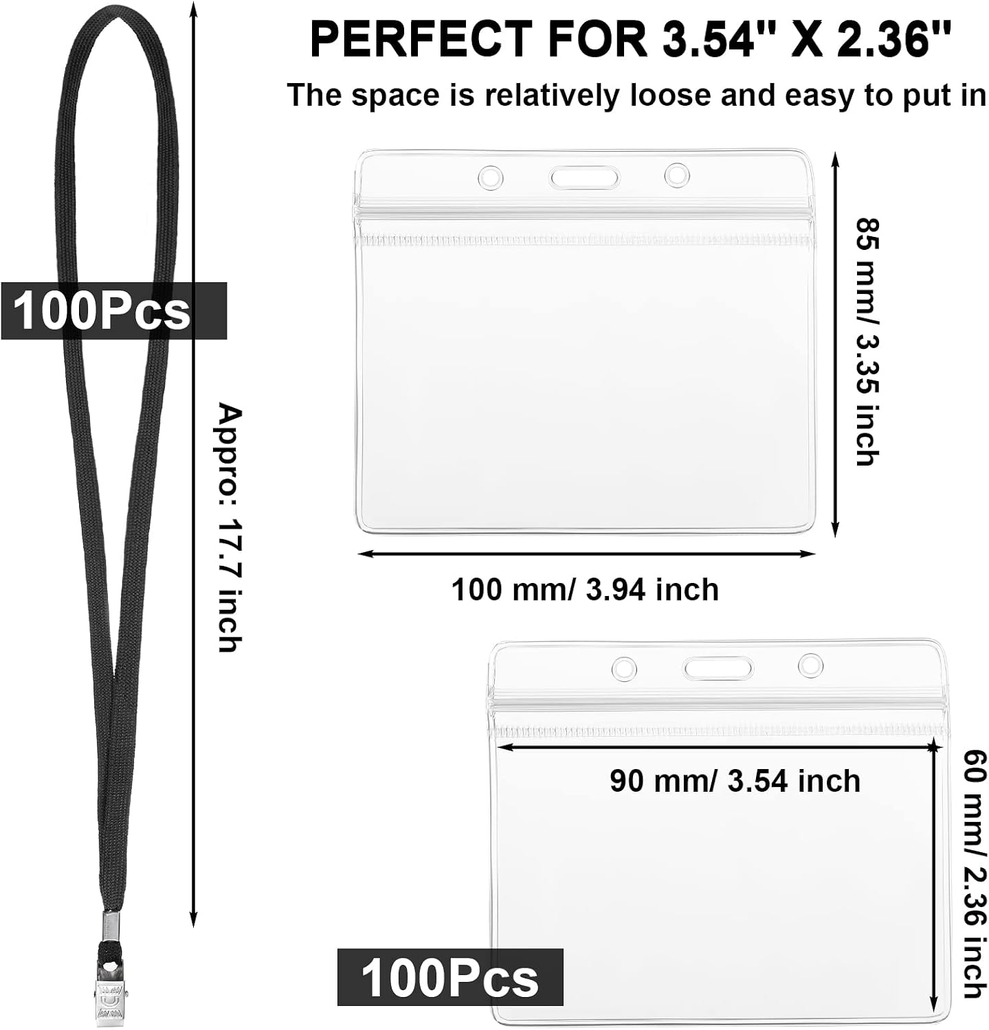 100 Sets 4" x3 Name Badge Holder with Lanyard, Lanyards for ID Badges with Clip Waterproof Reusable Strap with ID