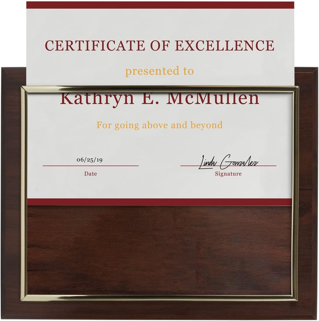10.5 x 13" Certificate Display Plaque - Offered in Coated Cherry Wood with an 8.5 x 11" Gold Frame - Slide in your